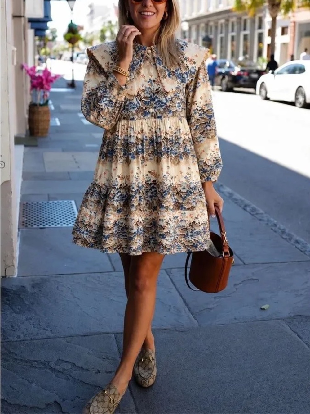 Hunter Bell Georgia Mini Dress Cream Blue Floral Print Sz M